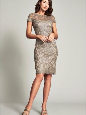 NWT $408 Tadashi Shoji Sz 8 Corded Embroidery Tulle Cocktail Dress Smoke Pearl